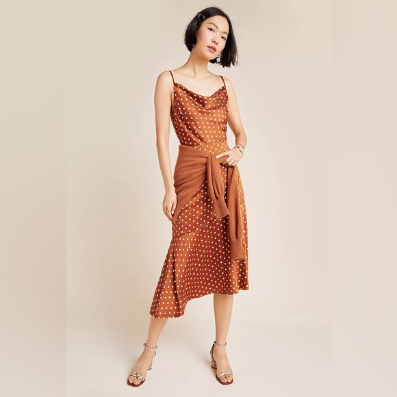 Anthropologie J.O.A Just One Answer Josie Polka Dot Slip Dress Gold Size Large - Picture 3 of 12